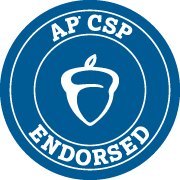 Blue circular badge with a white outline acorn surrounded by the text 'AP CSP Endorsed'